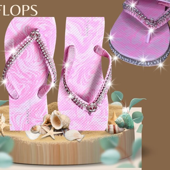 Pink Princess Flip Flops SZ 5/6, Crystal Trimmings, Crown Rhinestone Buttons - Picture 5 of 15